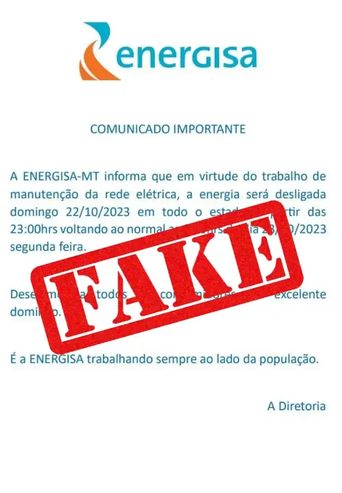 É #FAKE que energia do Mato Grosso será desligada nesse domingo
