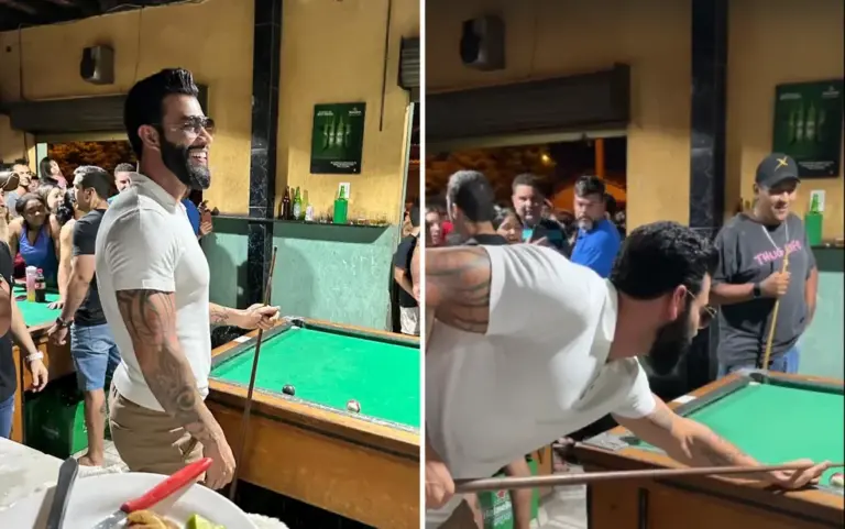 Gusttavo Lima aparece de surpresa e joga sinuca com fãs em bar de Goiânia