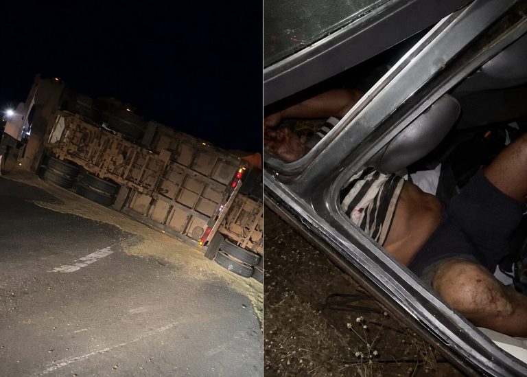Homem fica preso às ferragens após grave acidente entre carro e carreta na MT-130; veja vídeo