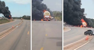 Grave colisão entre três carretas provoca explosão e interdita totalmente a BR-070 em Várzea Grande