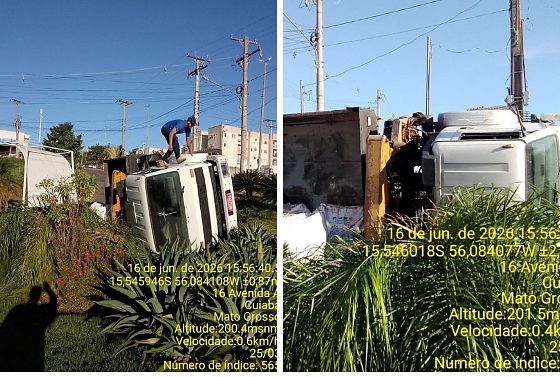 Caminhão sem freio tomba e atinge portaria de residencial no Parque das Nações, em Cuiabá; veja vídeo