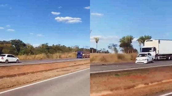 Motorista embriagado dirige na contramão e bate de frente com carreta na BR-364 em MT; veja vídeo