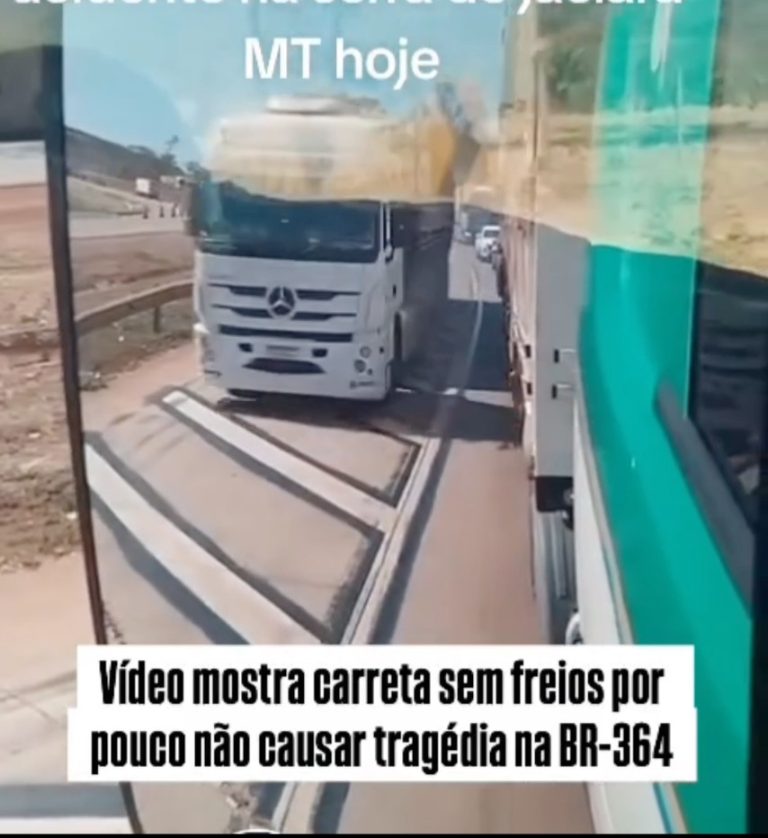 Vídeo mostra carreta sem freios descendo serra e escapando de tragédia na BR-364, em MT